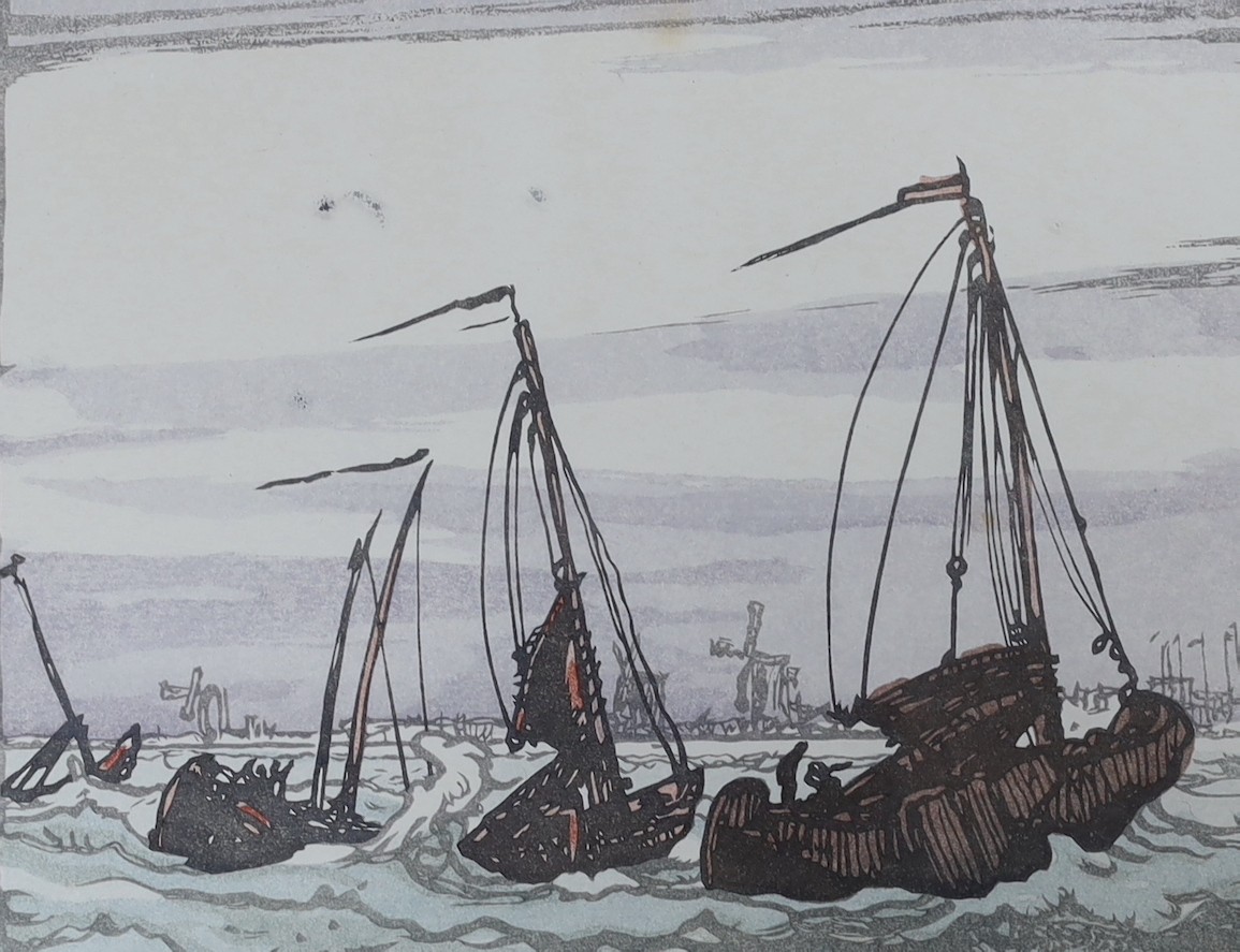 Yoshijiro Urushibara (1888-1953), woodblock print, Dutch barges off the coast, signed in the plate, 17 x 21cm